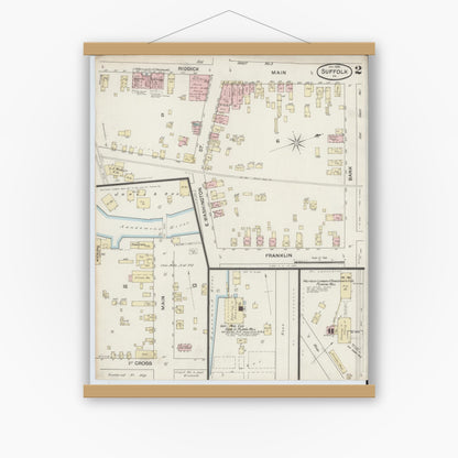 Old map wall art mockup — magnetic wood frame on white wall — Sanborn Fire Insurance Map from Suffolk, Independent Cities, Virginia (1888), Sheet #0002