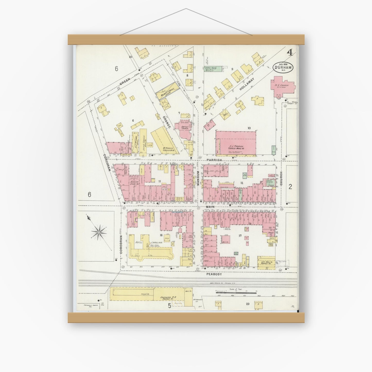 Old map wall art mockup — magnetic wood frame on white wall — Sanborn Fire Insurance Map from Durham, Durham County, North Carolina (1898), Sheet #0004