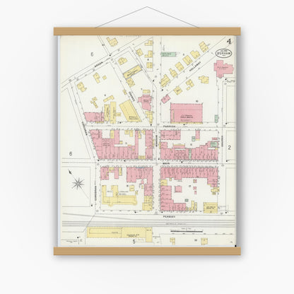 Old map wall art mockup — magnetic wood frame on white wall — Sanborn Fire Insurance Map from Durham, Durham County, North Carolina (1898), Sheet #0004