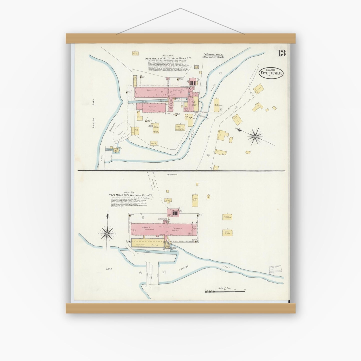 Old map wall art mockup — magnetic wood frame on white wall — Sanborn Fire Insurance Map from Fayetteville, Cumberland County, North Carolina (1908), Sheet #0013