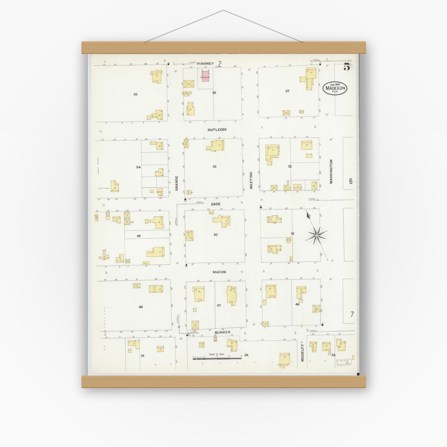 Old map wall art mockup — magnetic wood frame on white wall — Sanborn Fire Insurance Map from Madison, Madison County, Florida (1909), Sheet #0005