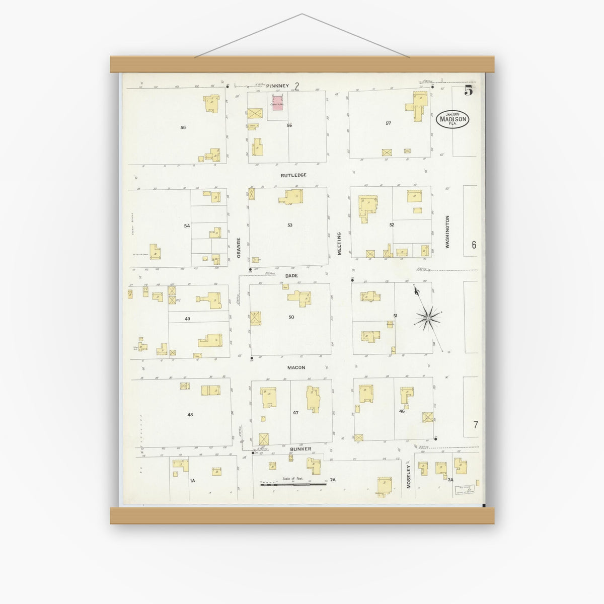 Old map wall art mockup — magnetic wood frame on white wall — Sanborn Fire Insurance Map from Madison, Madison County, Florida (1909), Sheet #0005