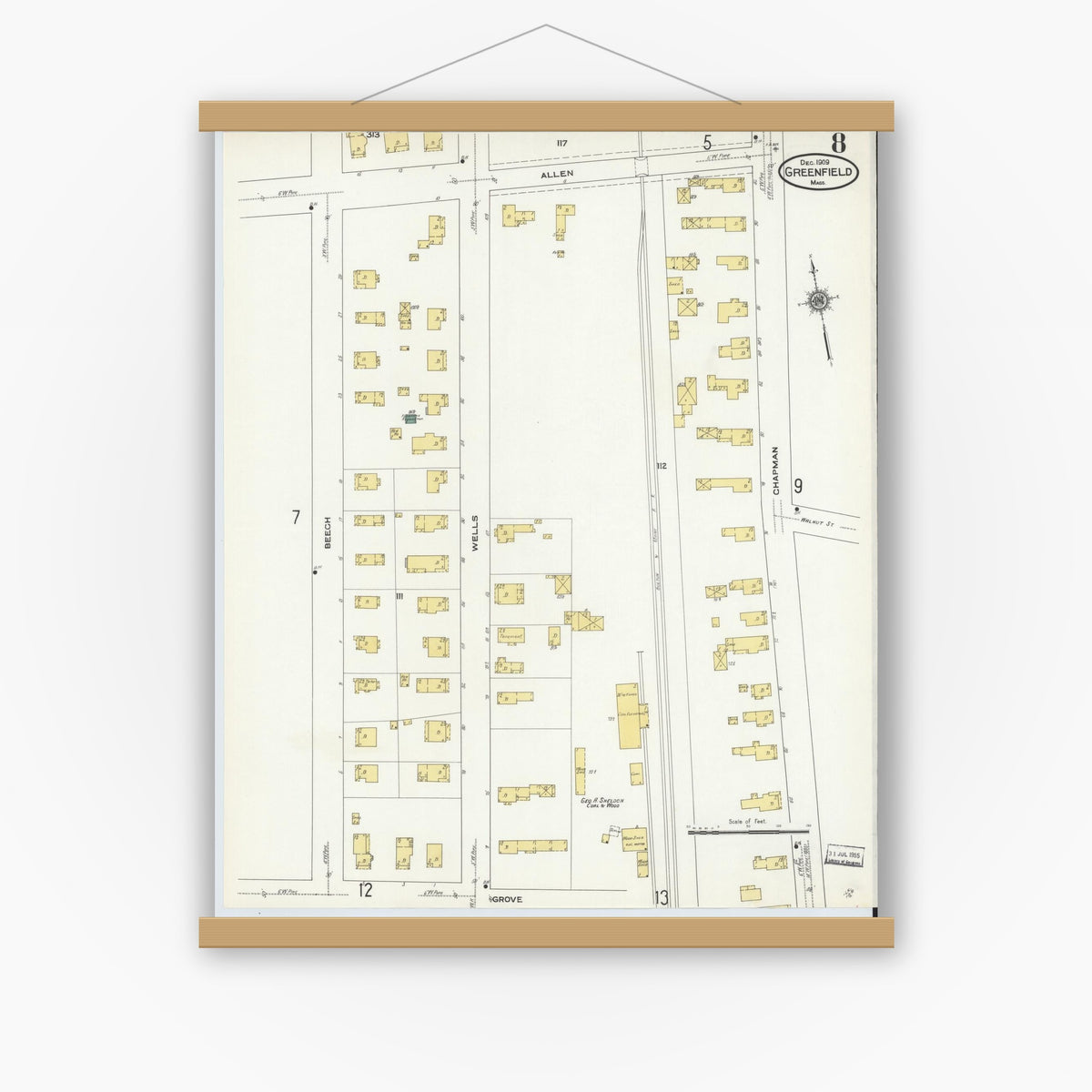 Old map wall art mockup — magnetic wood frame on white wall — Sanborn Fire Insurance Map from Greenfield, Franklin County, Massachusetts (1909), Sheet #0008