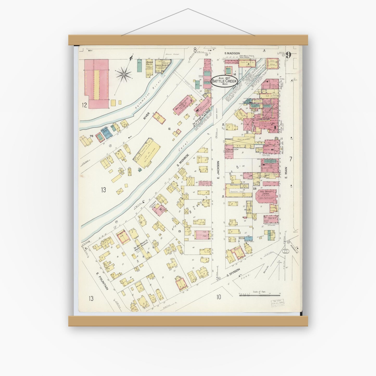 Old map wall art mockup — magnetic wood frame on white wall — Sanborn Fire Insurance Map from Battle Creek, Calhoun County, Michigan (1907), Sheet #0009