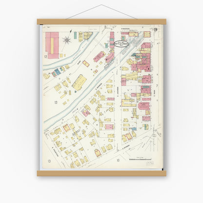 Old map wall art mockup — magnetic wood frame on white wall — Sanborn Fire Insurance Map from Battle Creek, Calhoun County, Michigan (1907), Sheet #0009