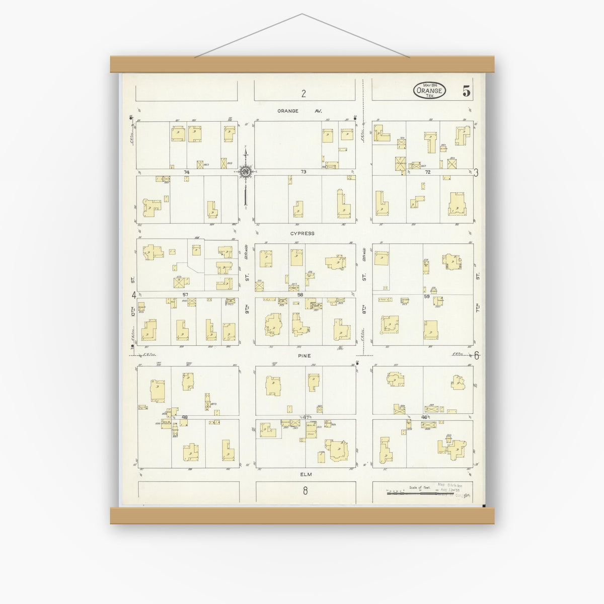 Old map wall art mockup — magnetic wood frame on white wall — Sanborn Fire Insurance Map from Orange, Orange County, Texas (1914), Sheet #0005