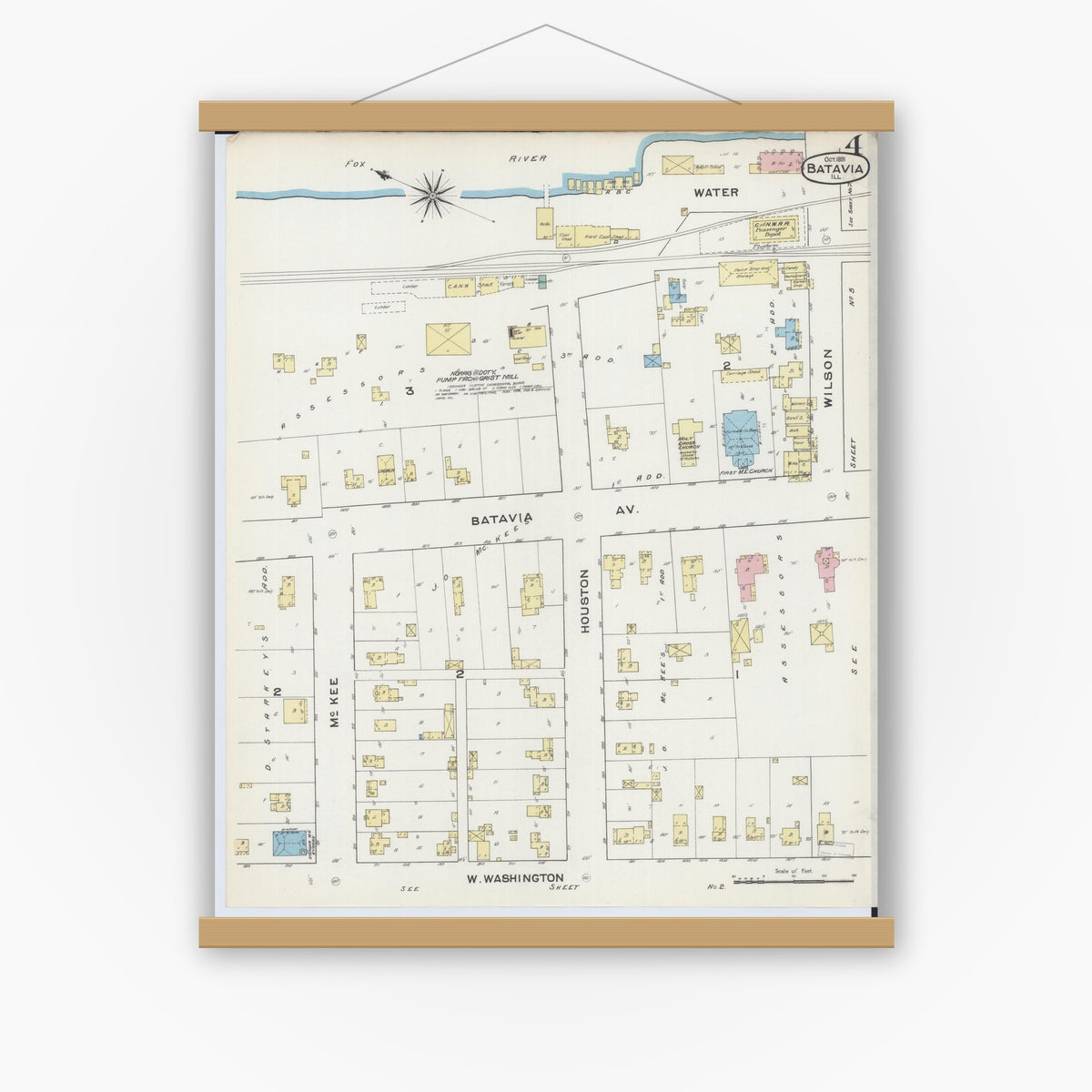Old map wall art mockup — magnetic wood frame on white wall — Sanborn Fire Insurance Map from Batavia, Kane County, Illinois (1891), Sheet #0004