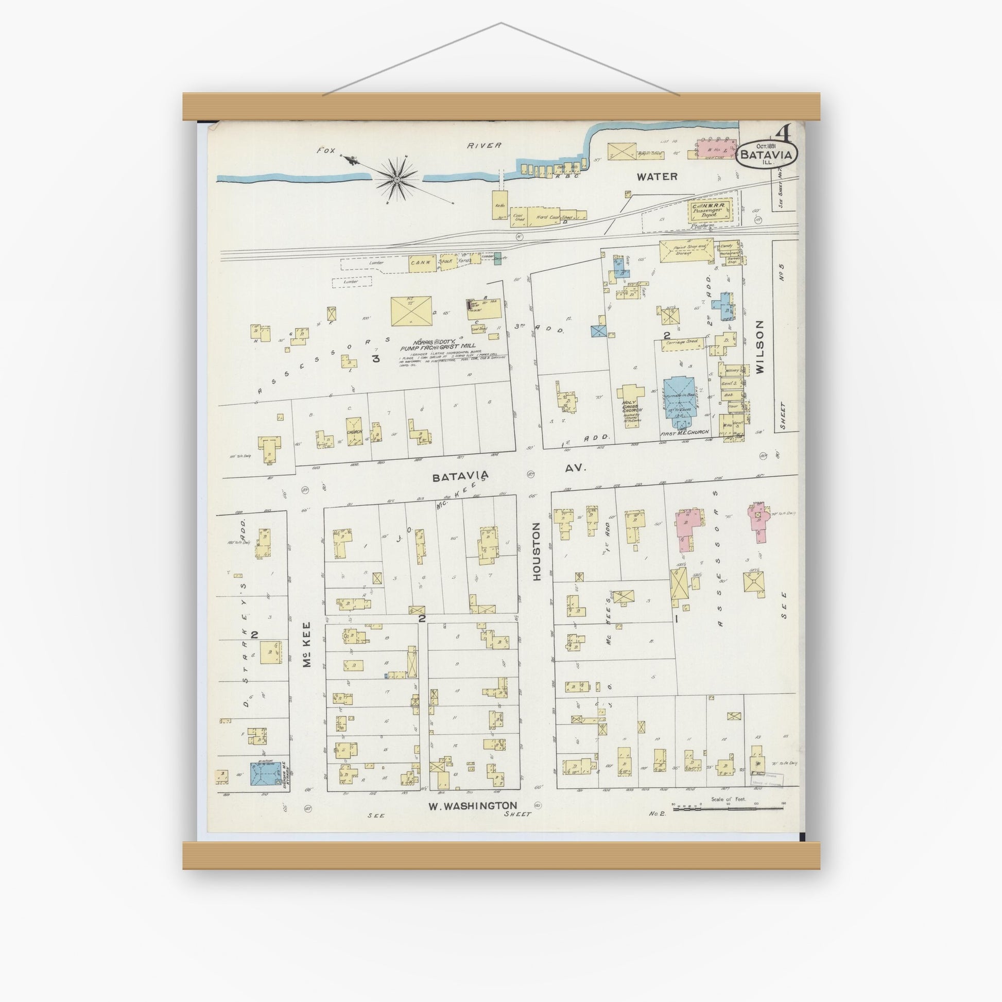Old map wall art mockup — magnetic wood frame on white wall — Sanborn Fire Insurance Map from Batavia, Kane County, Illinois (1891), Sheet #0004