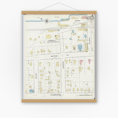 Old map wall art mockup — magnetic wood frame on white wall — Sanborn Fire Insurance Map from Batavia, Kane County, Illinois (1891), Sheet #0004