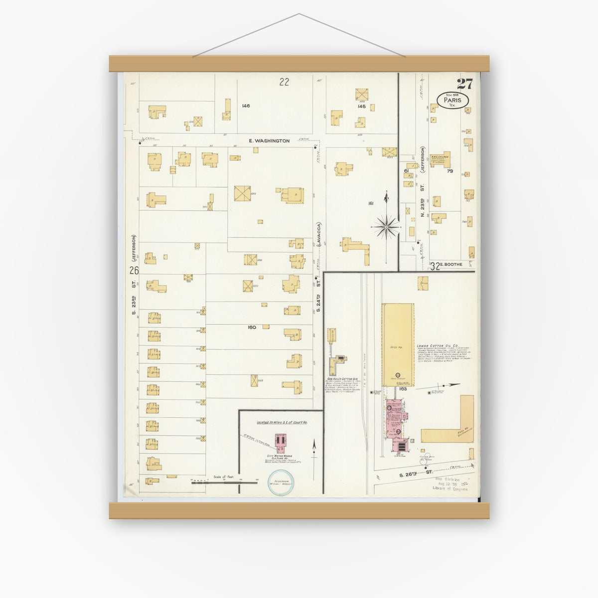 Old map wall art mockup — magnetic wood frame on white wall — Sanborn Fire Insurance Map from Paris, Lamar County, Texas (1908), Sheet #0027