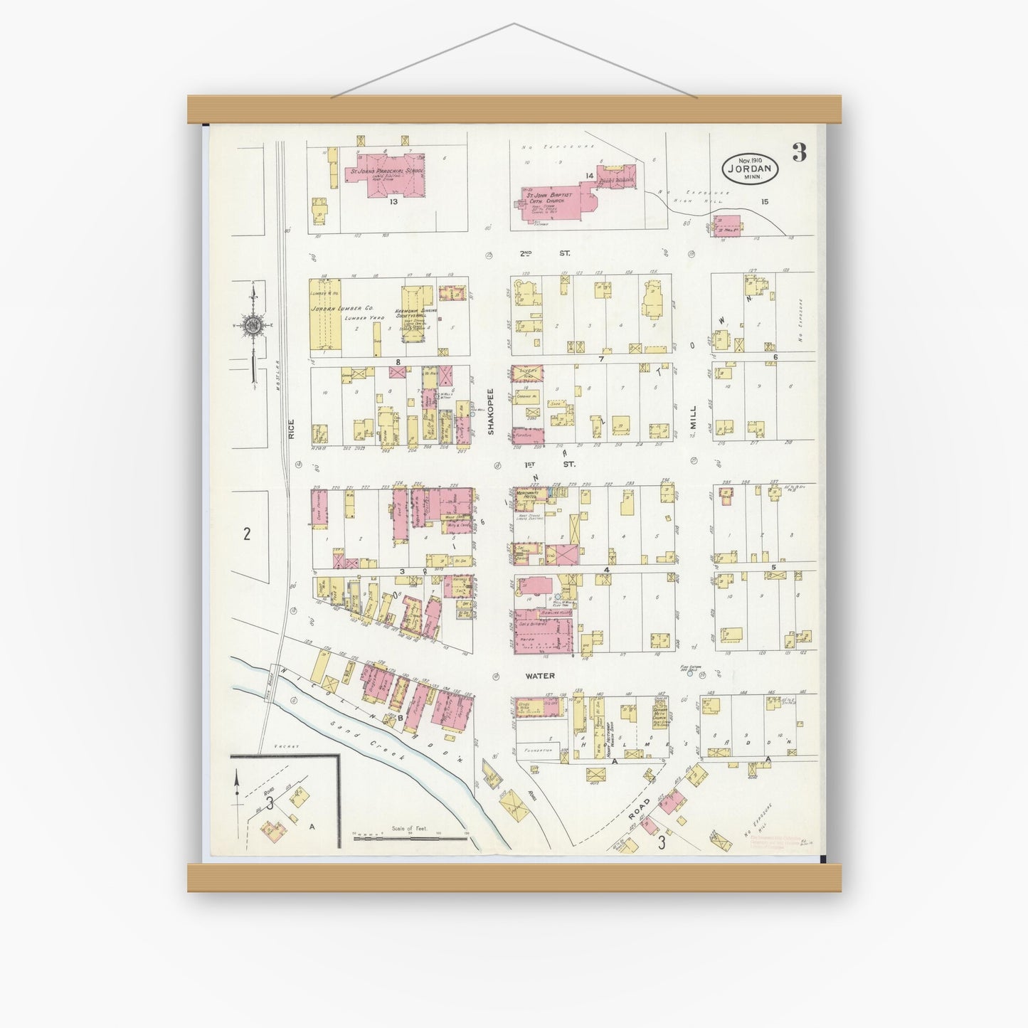 Old map wall art mockup — magnetic wood frame on white wall — Sanborn Fire Insurance Map from Jordan, Scott County, Minnesota (1910), Sheet #0003