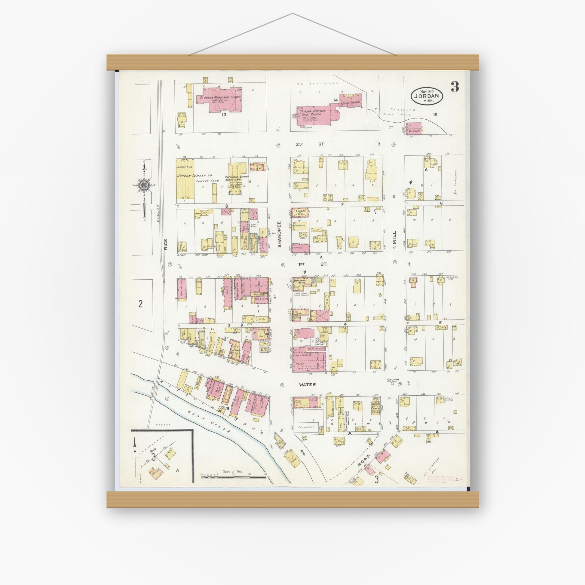 Old map wall art mockup — magnetic wood frame on white wall — Sanborn Fire Insurance Map from Jordan, Scott County, Minnesota (1910), Sheet #0003