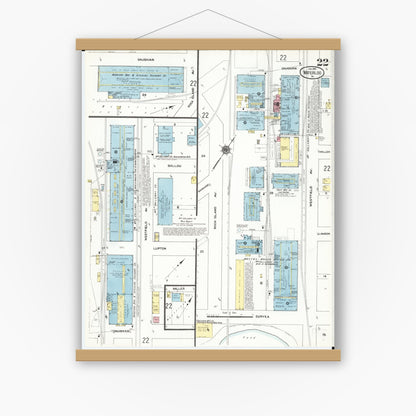 Old map wall art mockup — magnetic wood frame on white wall — Sanborn Fire Insurance Map from Waterloo, Black Hawk County, Iowa (1910), Sheet #0022