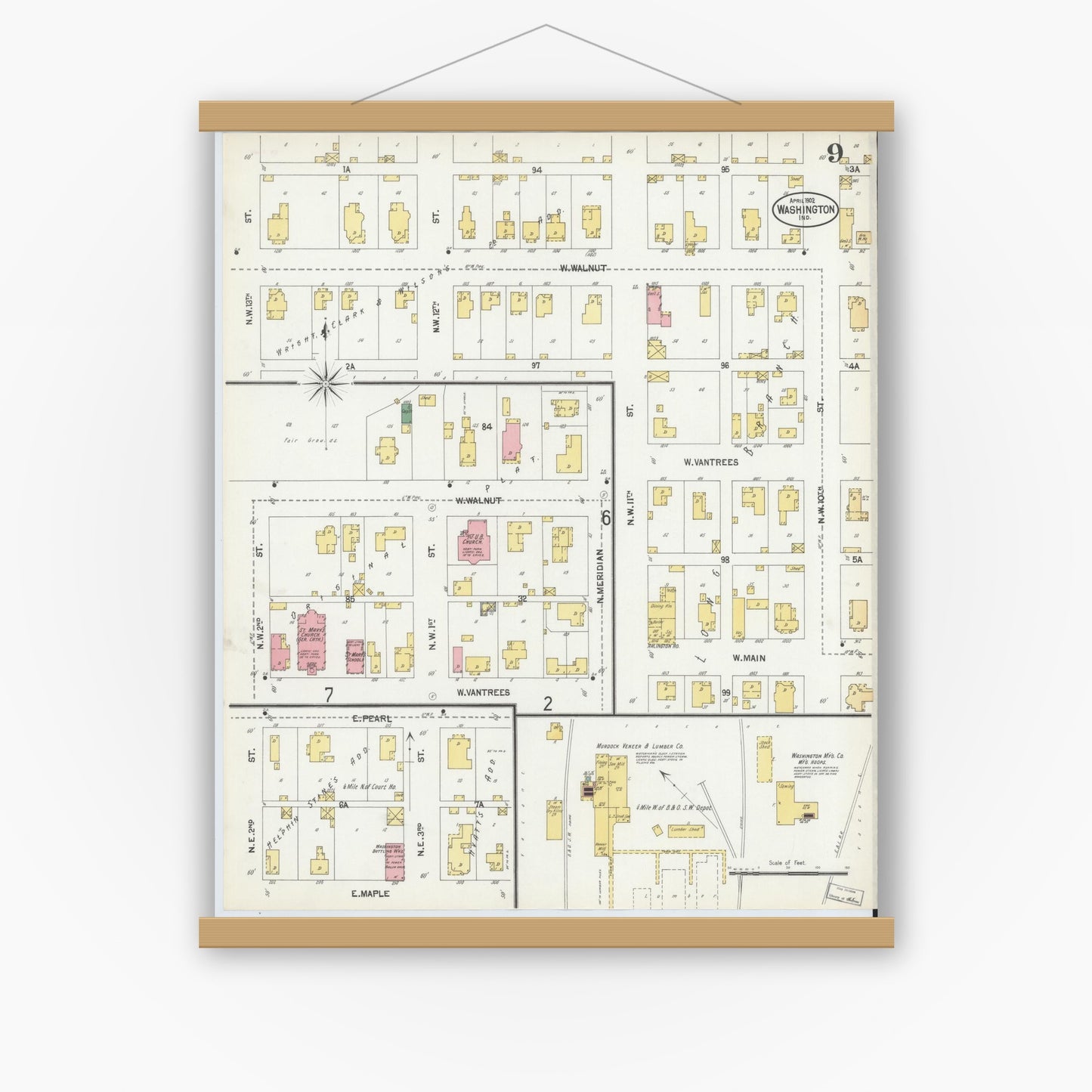 Old map wall art mockup — magnetic wood frame on white wall — Sanborn Fire Insurance Map from Washington, Daviess County, Indiana (1902), Sheet #0009