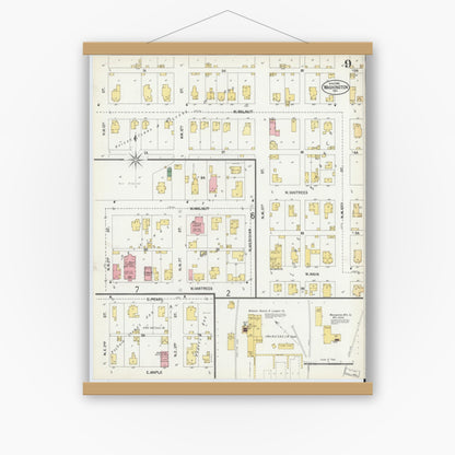 Old map wall art mockup — magnetic wood frame on white wall — Sanborn Fire Insurance Map from Washington, Daviess County, Indiana (1902), Sheet #0009