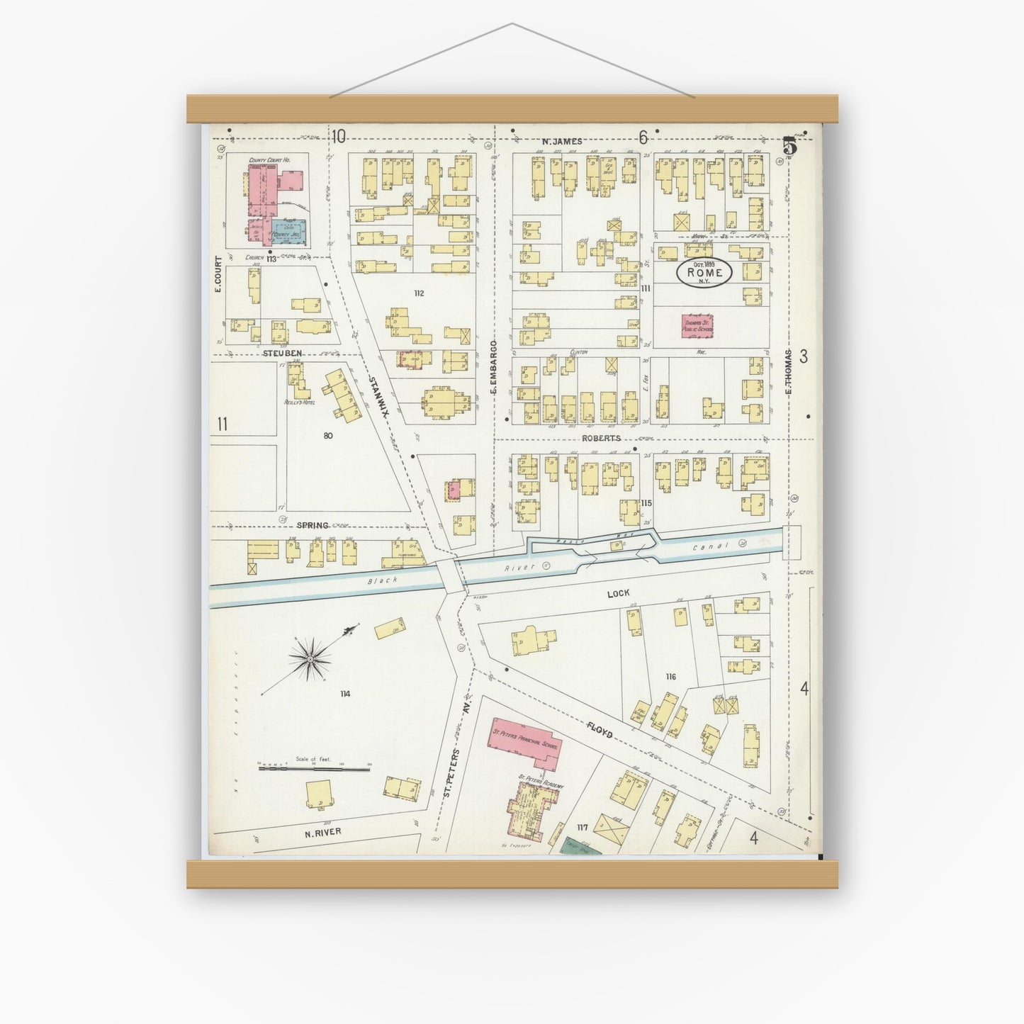 Old map wall art mockup — magnetic wood frame on white wall — Sanborn Fire Insurance Map from Rome, Oneida County, New York (1899), Sheet #0005