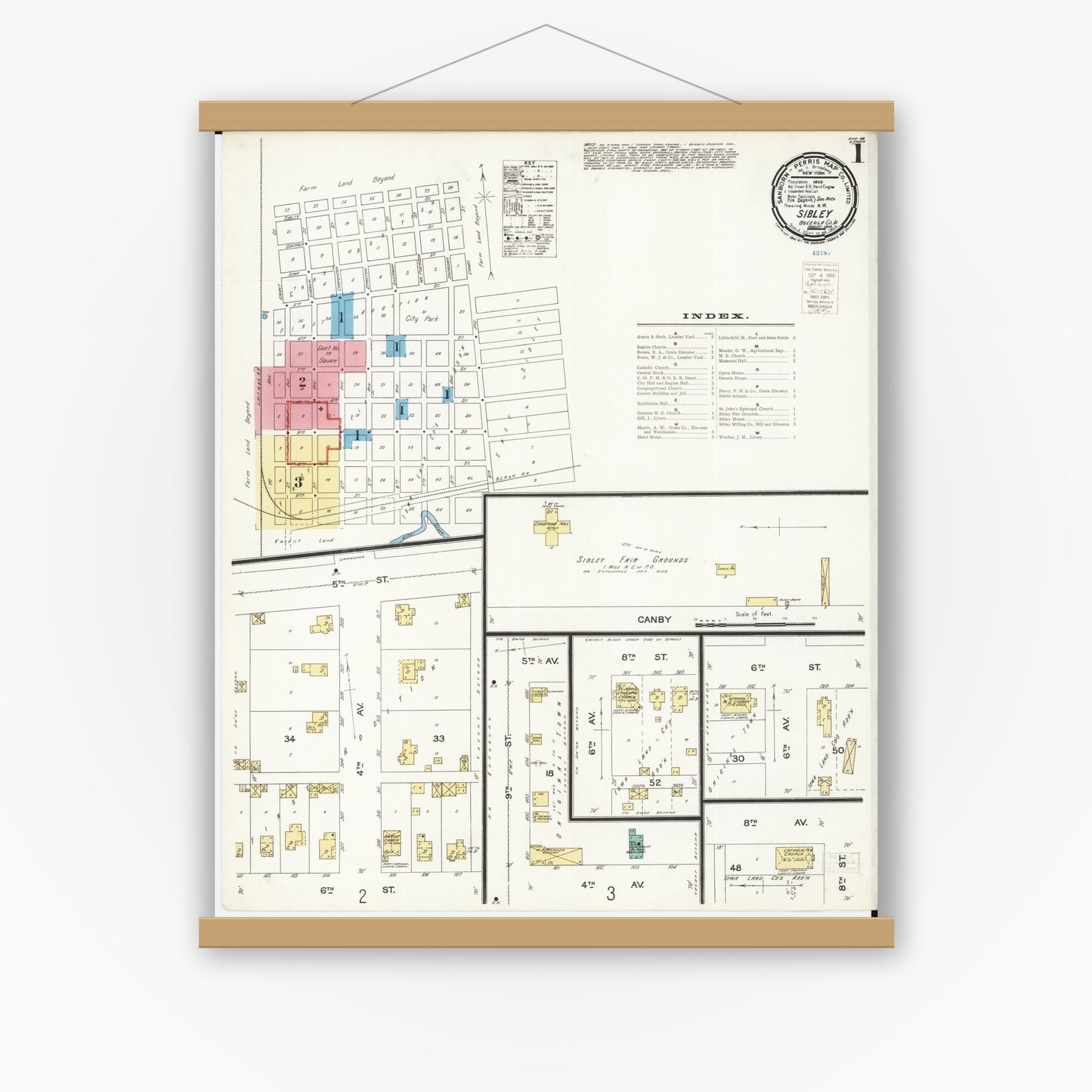 Old map wall art mockup — magnetic wood frame on white wall — Sanborn Fire Insurance Map from Sibley, Osceola County, Iowa (1900), Sheet #0001
