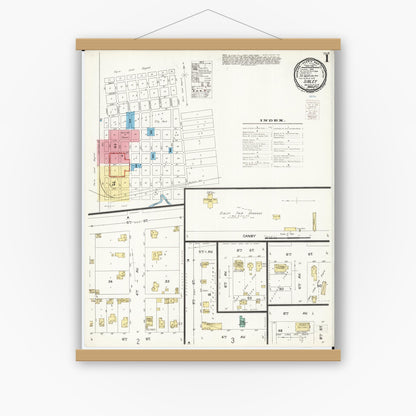 Old map wall art mockup — magnetic wood frame on white wall — Sanborn Fire Insurance Map from Sibley, Osceola County, Iowa (1900), Sheet #0001