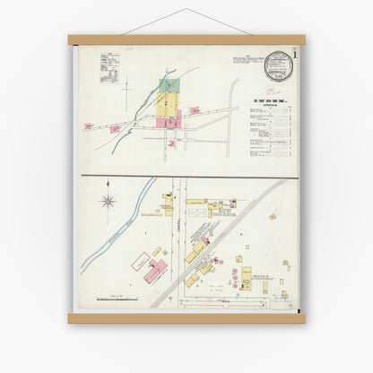 Old map wall art mockup — magnetic wood frame on white wall — Sanborn Fire Insurance Map from Louisville, Stark County, Ohio (1895), Sheet #0001