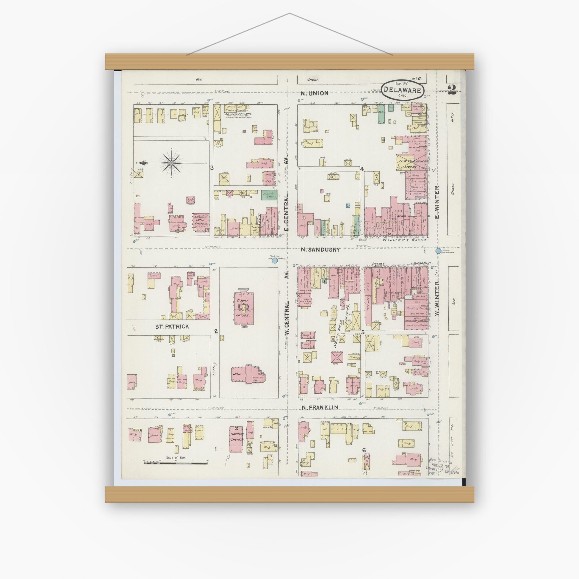 Old map wall art mockup — magnetic wood frame on white wall — Sanborn Fire Insurance Map from Delaware, Delaware County, Ohio (1890), Sheet #0002