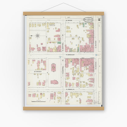 Old map wall art mockup — magnetic wood frame on white wall — Sanborn Fire Insurance Map from Delaware, Delaware County, Ohio (1890), Sheet #0002