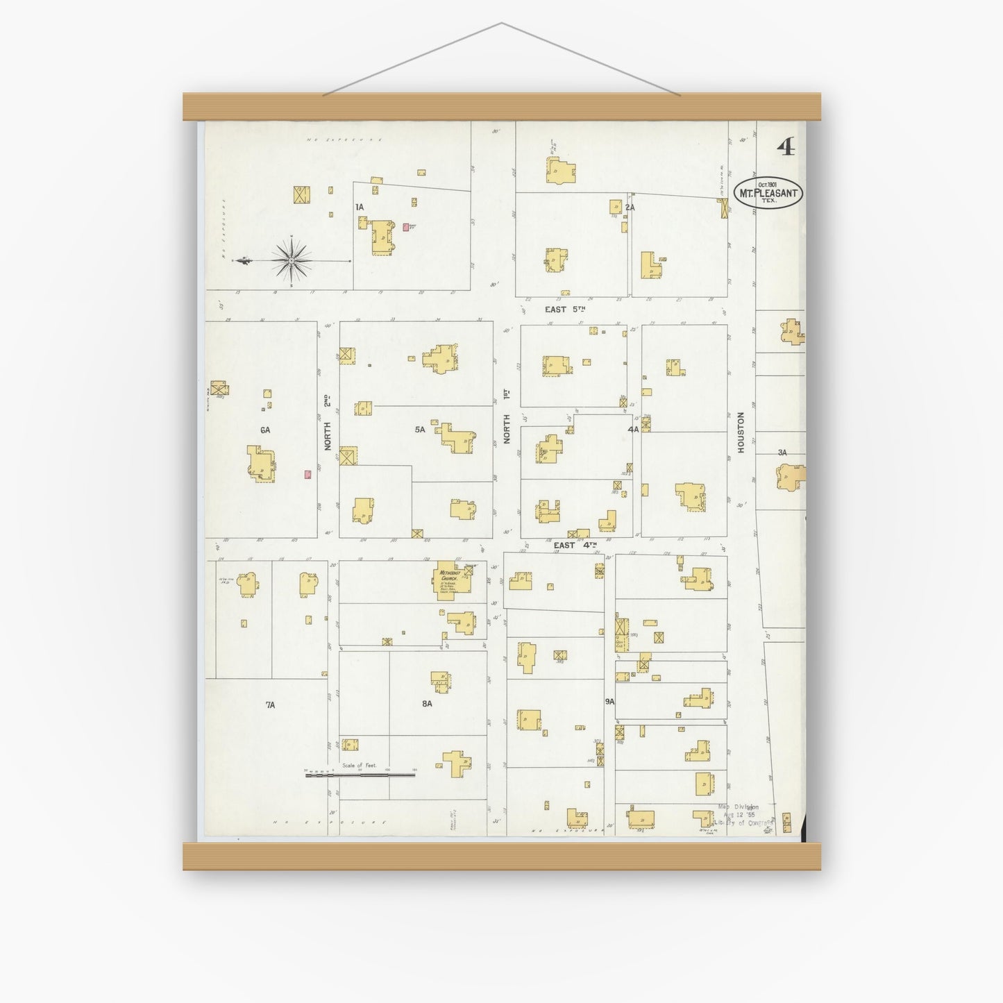 Old map wall art mockup — magnetic wood frame on white wall — Sanborn Fire Insurance Map from Mount Pleasant, Titus County, Texas (1901), Sheet #0004