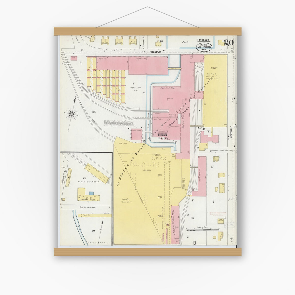 Old map wall art mockup — magnetic wood frame on white wall — Sanborn Fire Insurance Map from Milford, Worcester County, Massachusetts (1903), Sheet #0020