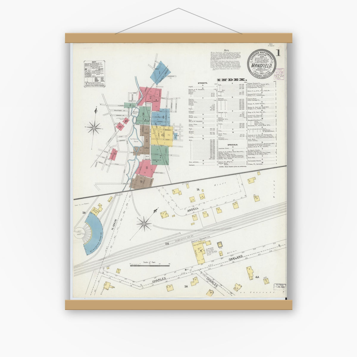 Old map wall art mockup — magnetic wood frame on white wall — Sanborn Fire Insurance Map from Mansfield, Bristol County, Massachusetts (1903) - Complete Map Set