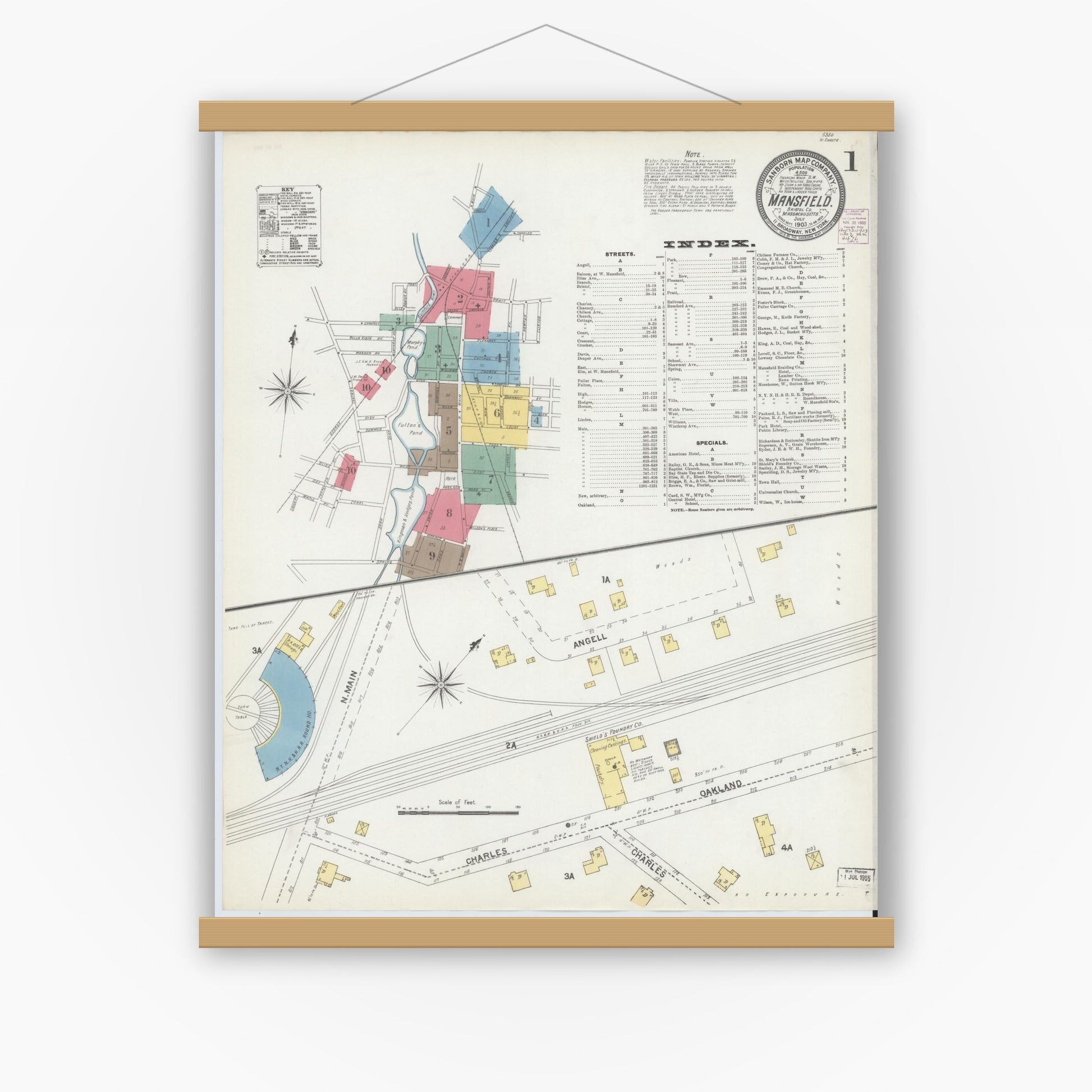 Old map wall art mockup — magnetic wood frame on white wall — Sanborn Fire Insurance Map from Mansfield, Bristol County, Massachusetts (1903) - Complete Map Set