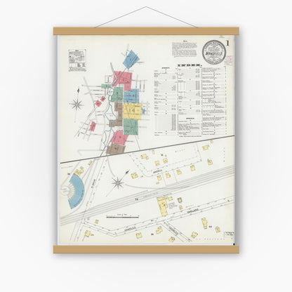 Old map wall art mockup — magnetic wood frame on white wall — Sanborn Fire Insurance Map from Mansfield, Bristol County, Massachusetts (1903) - Complete Map Set