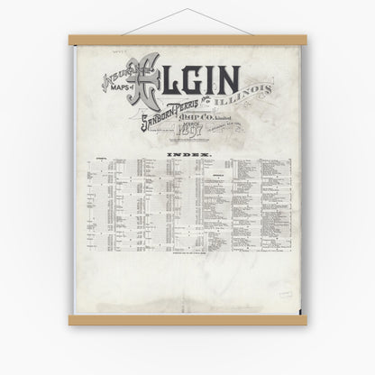 Old map wall art mockup — magnetic wood frame on white wall — Sanborn Fire Insurance Map from Elgin, Kane County, Illinois (1897), Sheet #0001