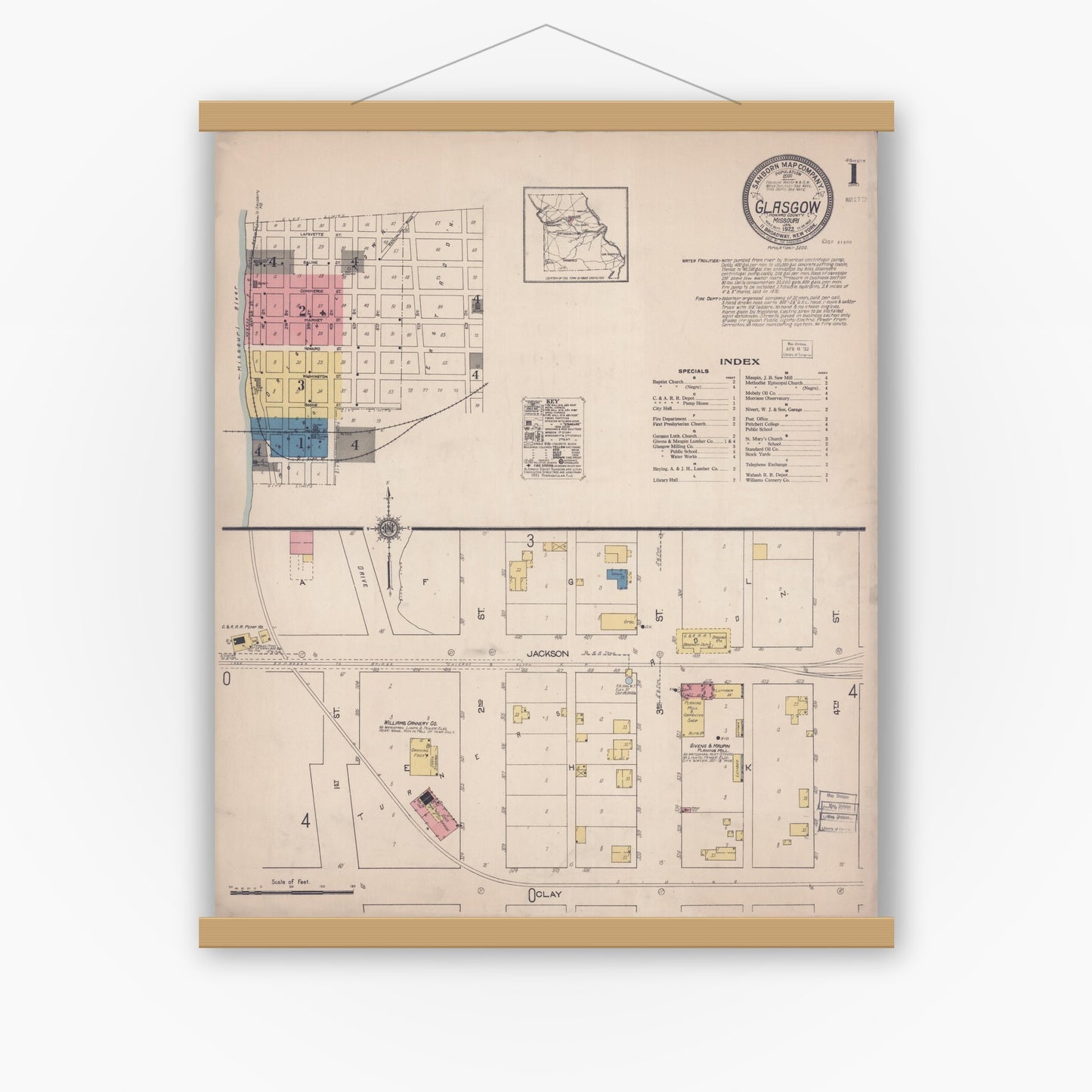 Old map wall art mockup — magnetic wood frame on white wall — Sanborn Fire Insurance Map from Glasgow, Howard County, Missouri (1922) - Complete Map Set