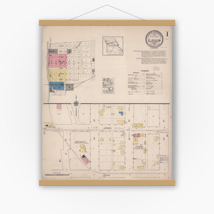 Old map wall art mockup — magnetic wood frame on white wall — Sanborn Fire Insurance Map from Glasgow, Howard County, Missouri (1922) - Complete Map Set