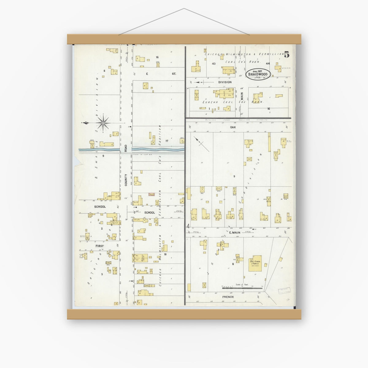 Old map wall art mockup — magnetic wood frame on white wall — Sanborn Fire Insurance Map from Braidwood, Will County, Illinois (1907), Sheet #0005