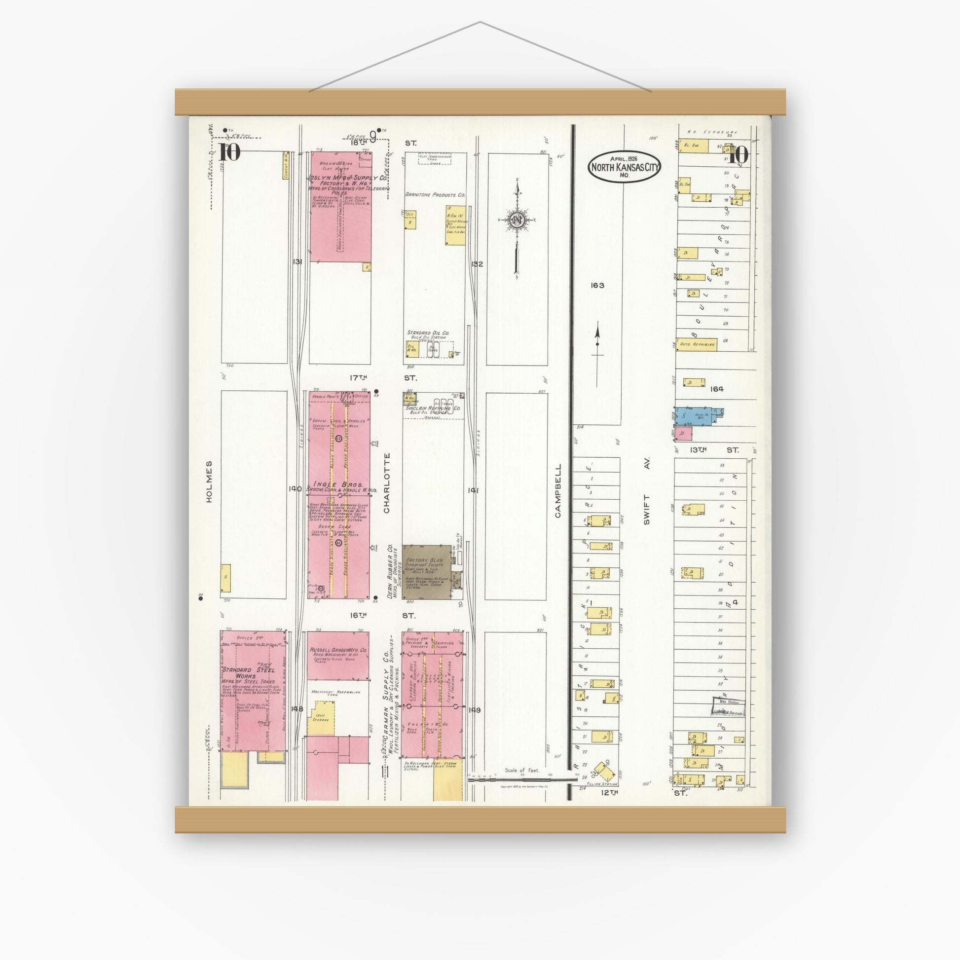 Old map wall art mockup — magnetic wood frame on white wall — Sanborn Fire Insurance Map from North Kansas City, Clay County, Missouri (1926), Sheet #0010