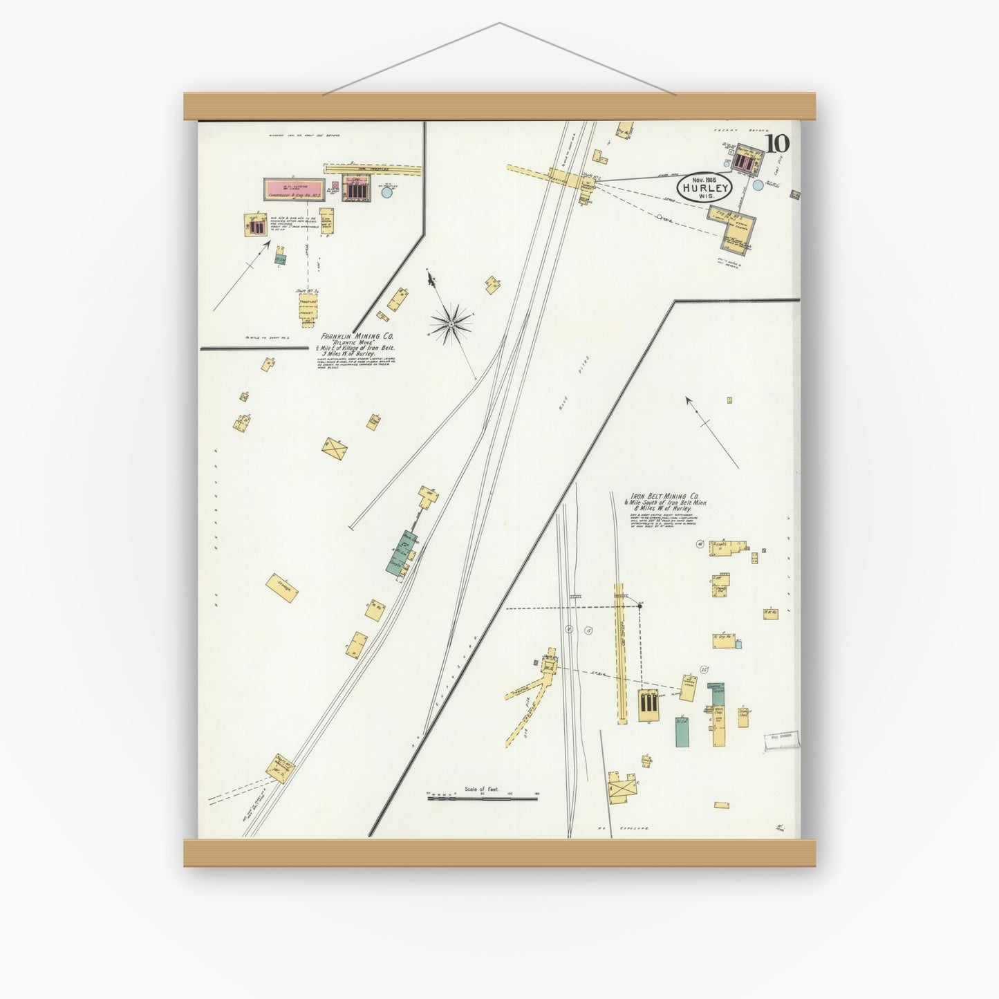 Old map wall art mockup — magnetic wood frame on white wall — Sanborn Fire Insurance Map from Hurley, Iron County, Wisconsin (1905), Sheet #0010