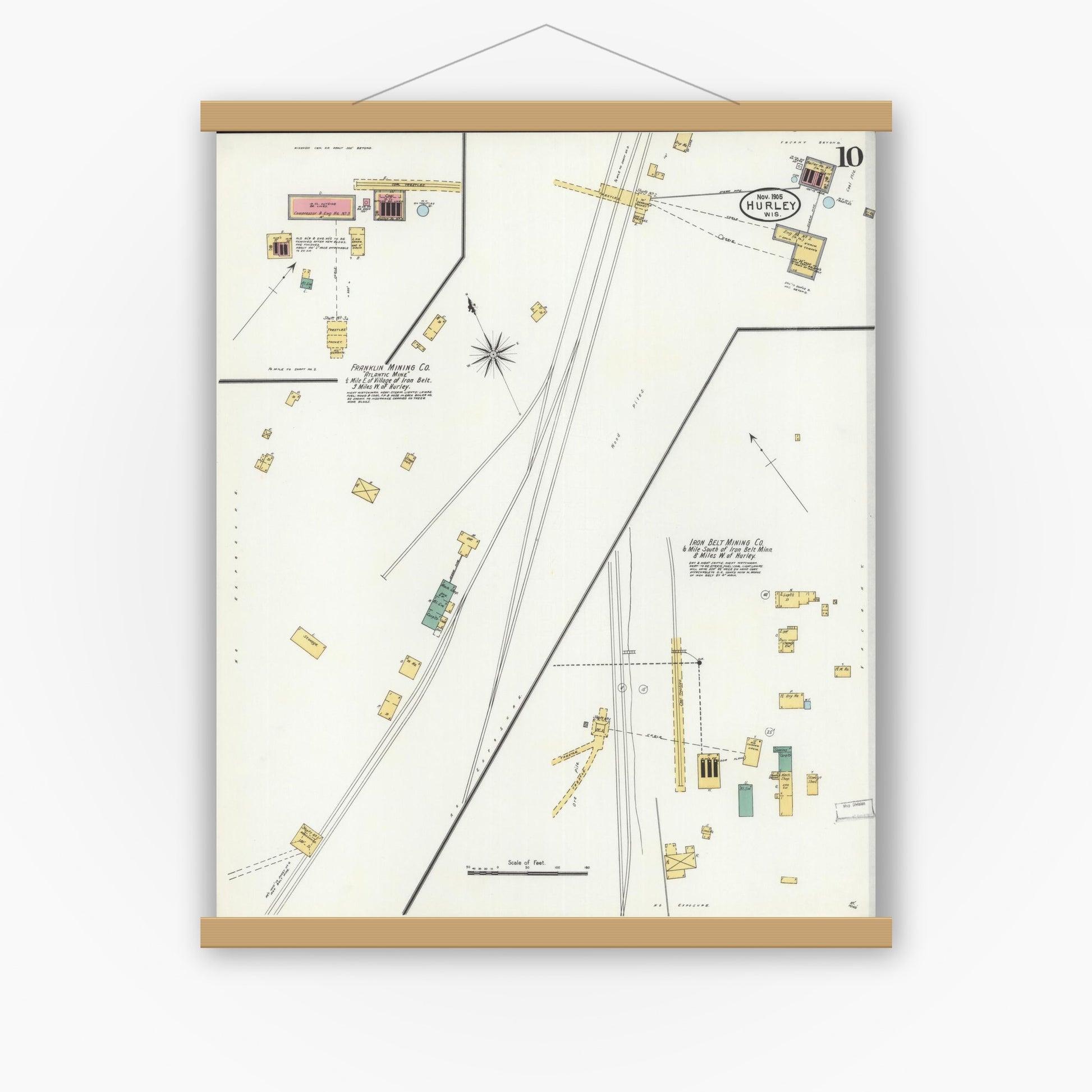 Old map wall art mockup — magnetic wood frame on white wall — Sanborn Fire Insurance Map from Hurley, Iron County, Wisconsin (1905), Sheet #0010