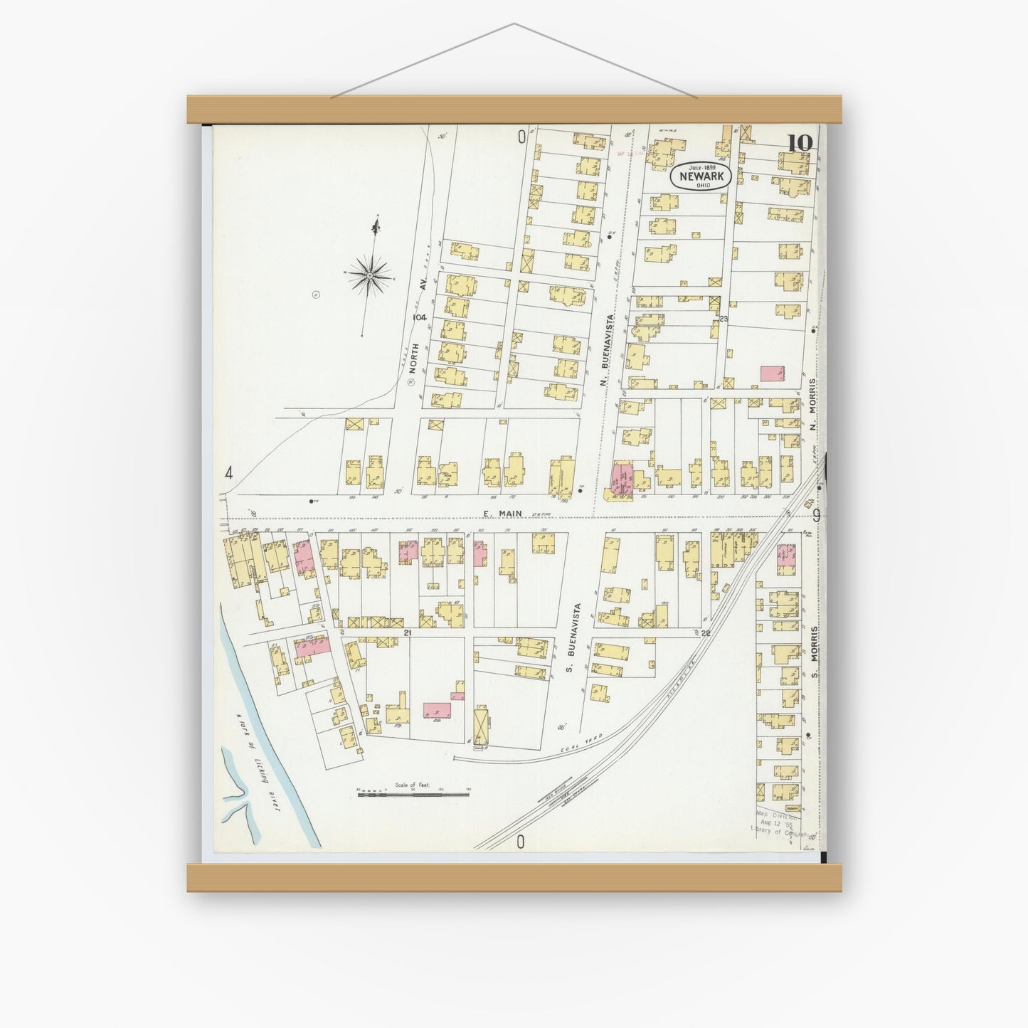 Old map wall art mockup — magnetic wood frame on white wall — Sanborn Fire Insurance Map from Newark, Licking County, Ohio (1899), Sheet #0010