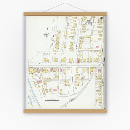 Old map wall art mockup — magnetic wood frame on white wall — Sanborn Fire Insurance Map from Newark, Licking County, Ohio (1899), Sheet #0010