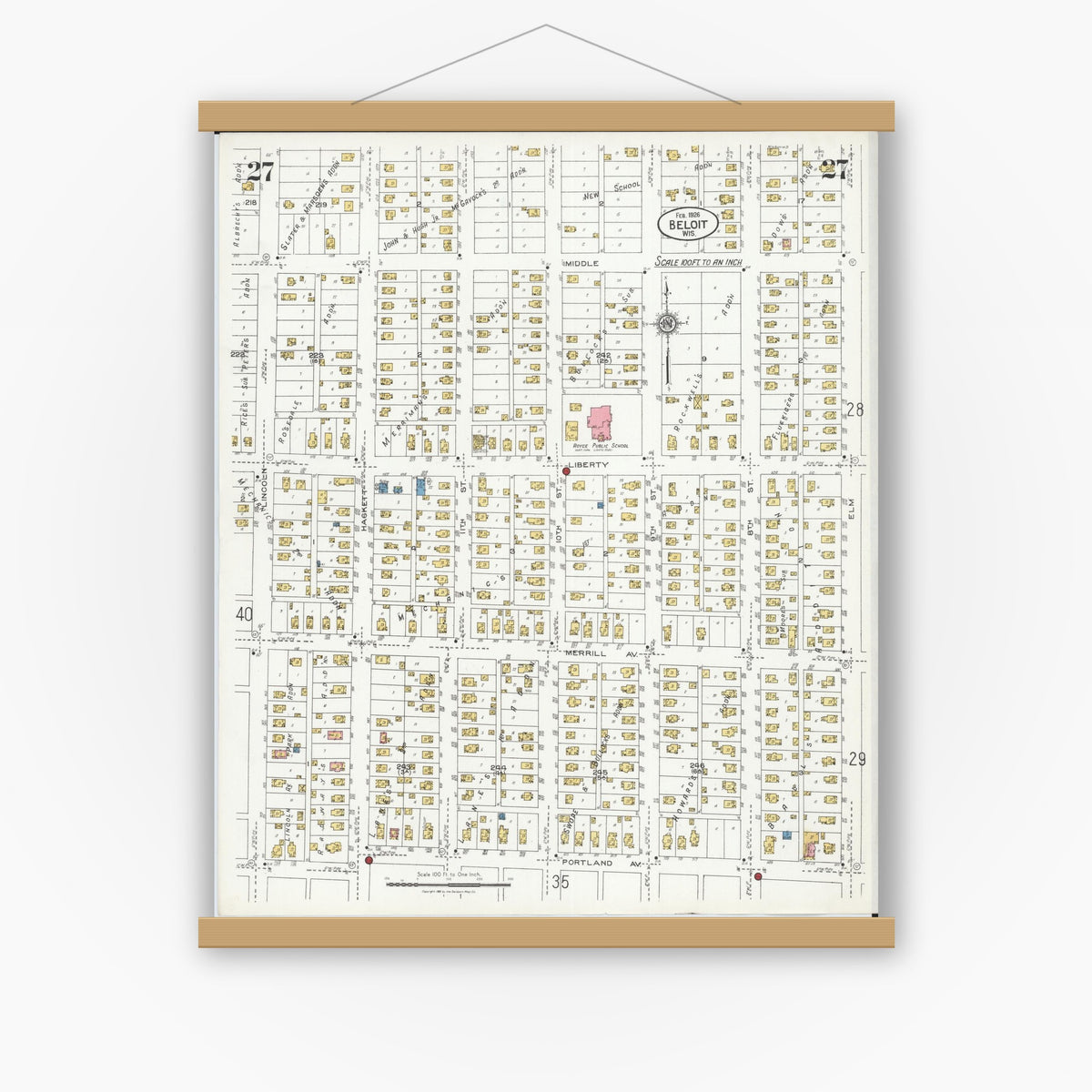 Old map wall art mockup — magnetic wood frame on white wall — Sanborn Fire Insurance Map from Beloit, Rock County, Wisconsin (1926), Sheet #0027