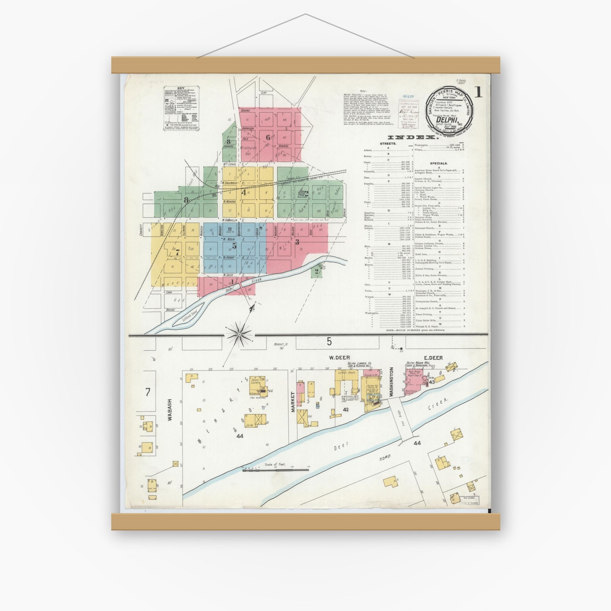 Old map wall art mockup — magnetic wood frame on white wall — Sanborn Fire Insurance Map from Delphi, Carroll County, Indiana (1900), Sheet #0001