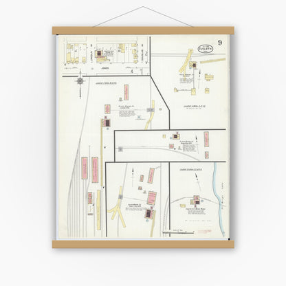 Old map wall art mockup — magnetic wood frame on white wall — Sanborn Fire Insurance Map from Eveleth, Saint Louis County, Minnesota (1912), Sheet #0009