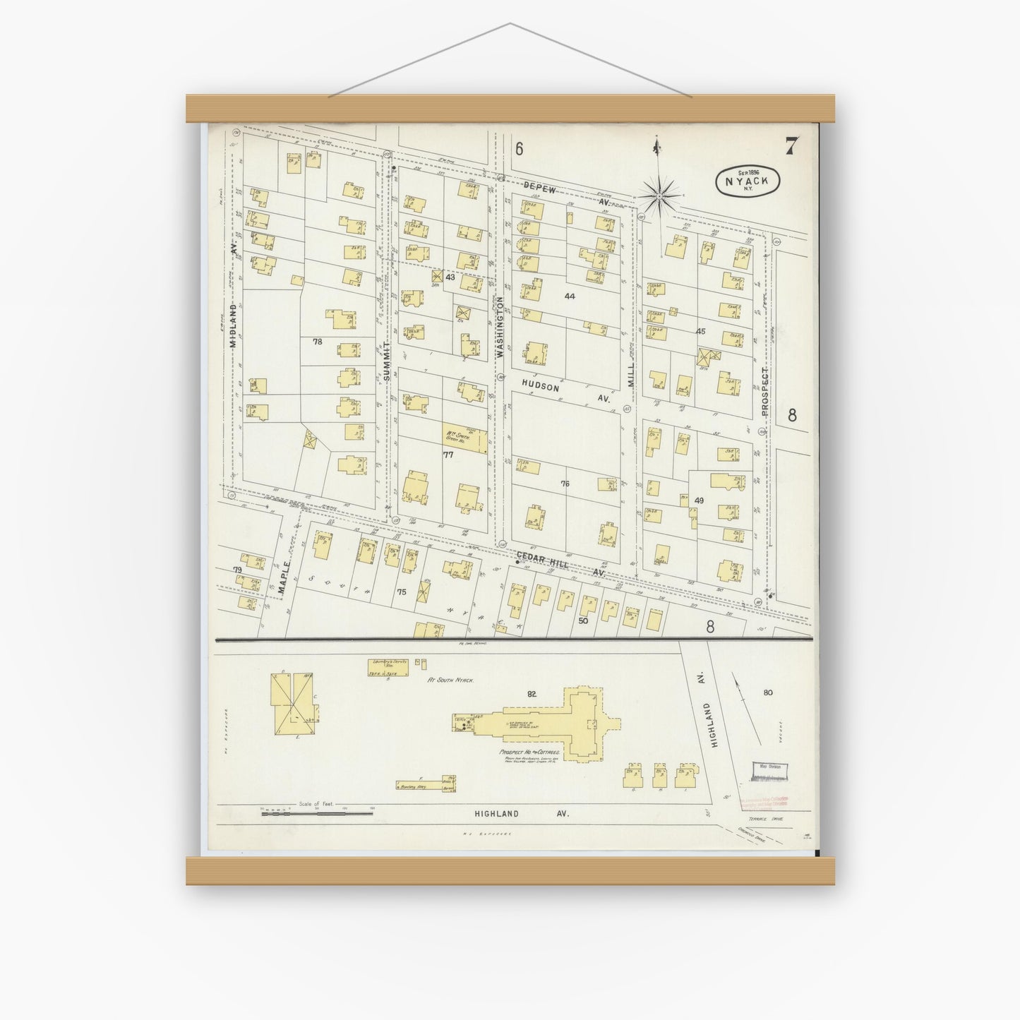 Old map wall art mockup — magnetic wood frame on white wall — Sanborn Fire Insurance Map from Nyack, Rockland County, New York. (1896), Sheet #0007
