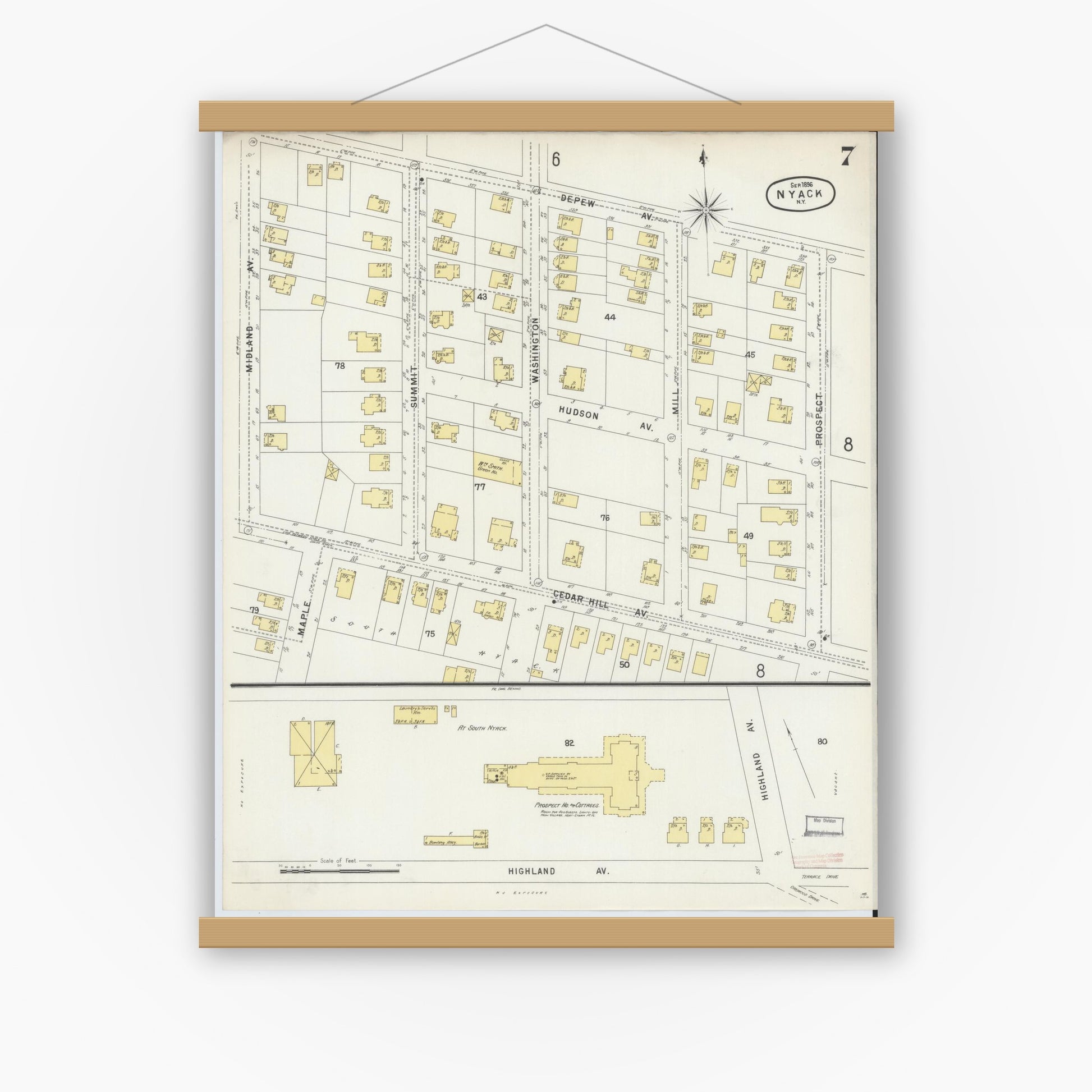 Old map wall art mockup — magnetic wood frame on white wall — Sanborn Fire Insurance Map from Nyack, Rockland County, New York. (1896), Sheet #0007