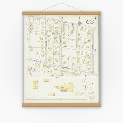 Old map wall art mockup — magnetic wood frame on white wall — Sanborn Fire Insurance Map from Nyack, Rockland County, New York. (1896), Sheet #0007