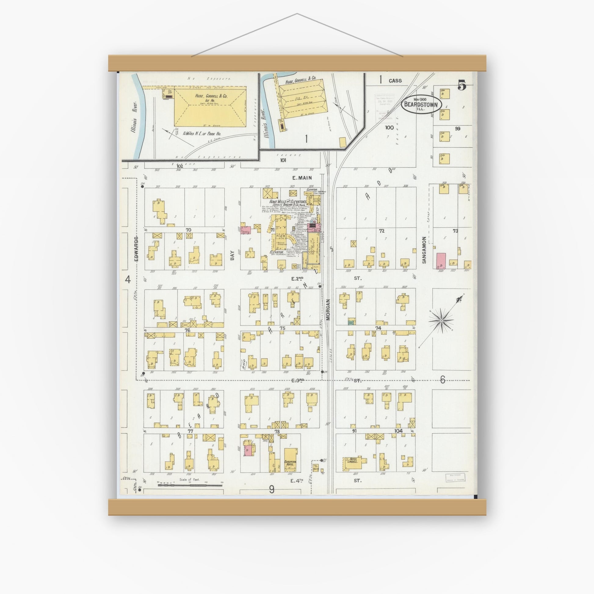 Old map wall art mockup — magnetic wood frame on white wall — Sanborn Fire Insurance Map from Beardstown, Cass County, Illinois (1900), Sheet #0005