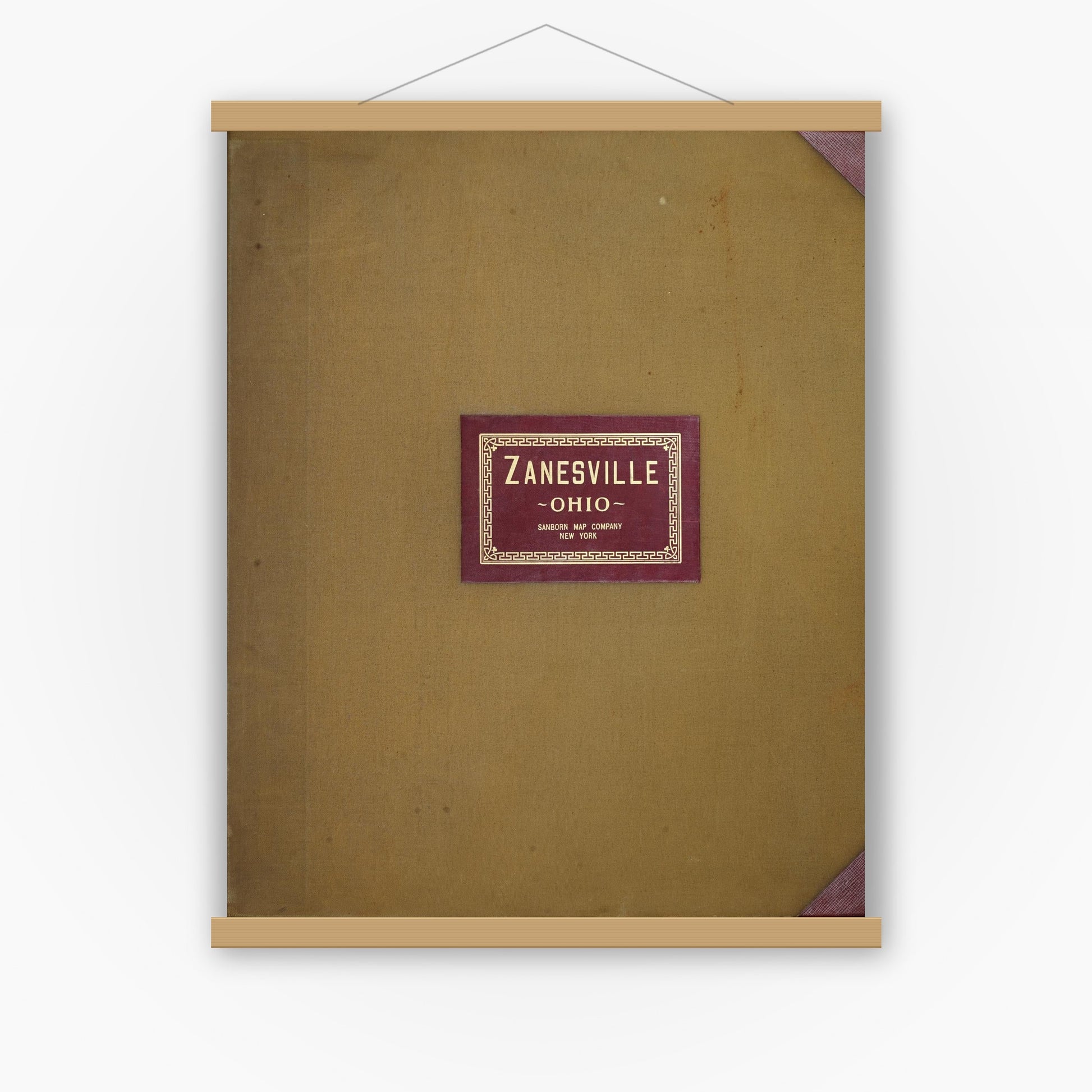 Old map wall art mockup — magnetic wood frame on white wall — Sanborn Fire Insurance Map from Zanesville, Muskingum County, Ohio (1950), Sheet #0001