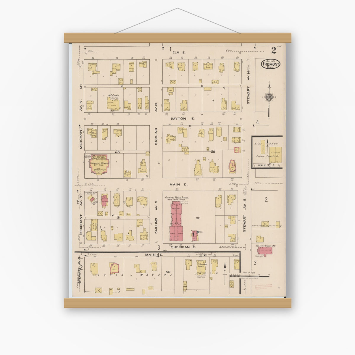 Old map wall art mockup — magnetic wood frame on white wall — Sanborn Fire Insurance Map from Fremont, Newaygo County, Michigan (1921), Sheet #0002