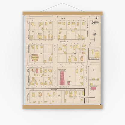 Old map wall art mockup — magnetic wood frame on white wall — Sanborn Fire Insurance Map from Fremont, Newaygo County, Michigan (1921), Sheet #0002