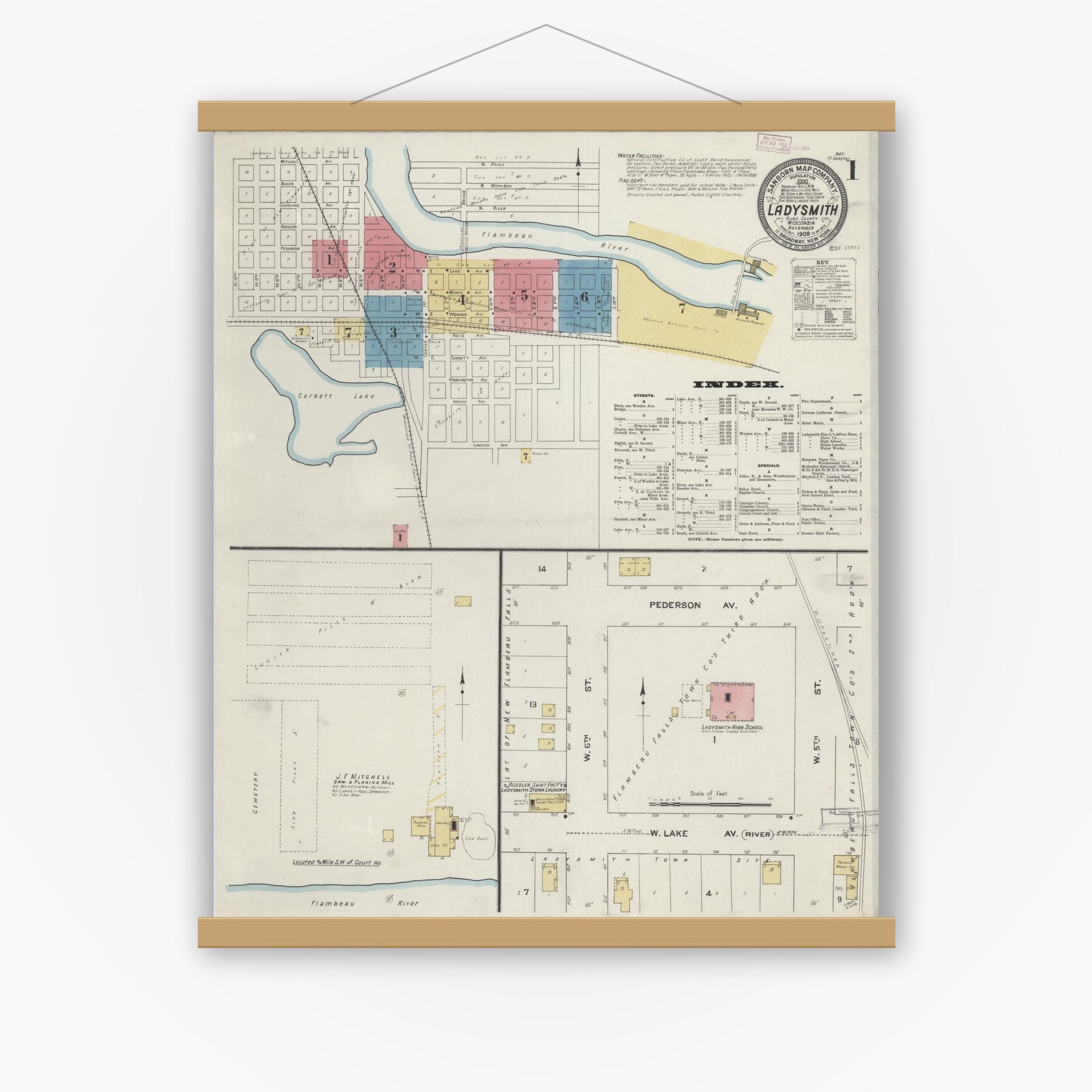 Old map wall art mockup — magnetic wood frame on white wall — Sanborn Fire Insurance Map from Ladysmith, Rusk County, Wisconsin (1909) - Complete Map Set